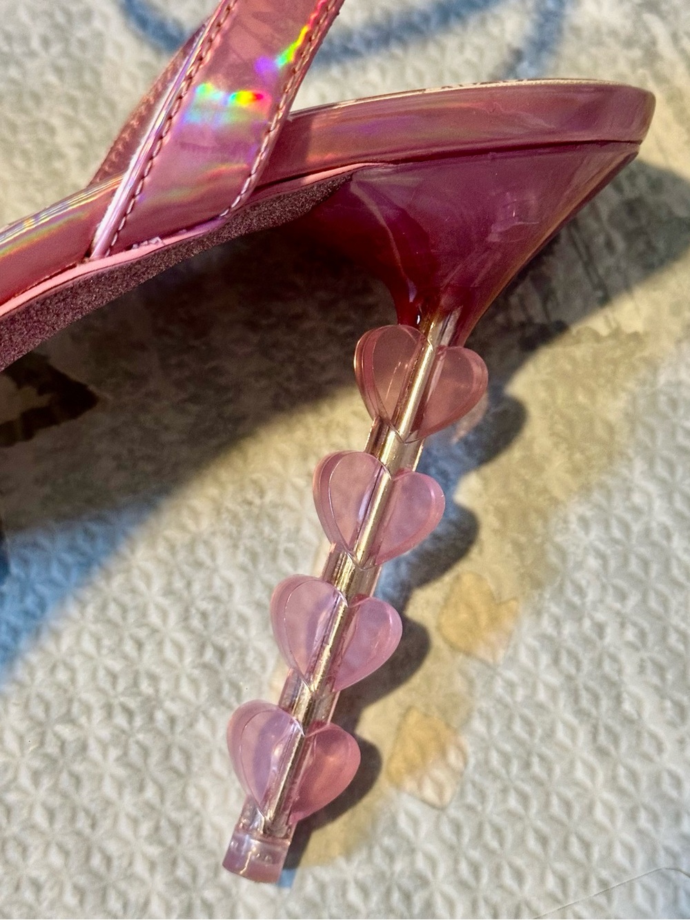 BARBIE x Aldo Pink Holographic Strappy Heel with Heart-Shaped Stacked Heel - Picture 7 of 9